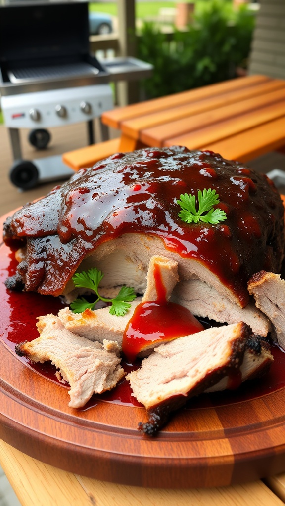 Smoked pork shoulder with BBQ sauce, served on a wooden platter, with pulled meat and garnish, in an outdoor setting.